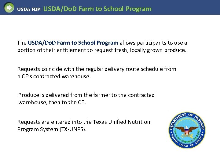 USDA FDP: USDA/Do. D Farm to School Program The USDA/Do. D Farm to School