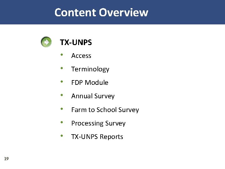  Content Overview TX-UNPS • • 19 Access Terminology FDP Module Annual Survey Farm