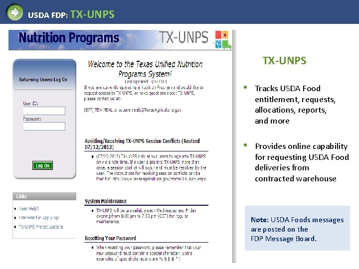 USDA FDP: TX-UNPS • Tracks USDA Food entitlement, requests, allocations, reports, and more •