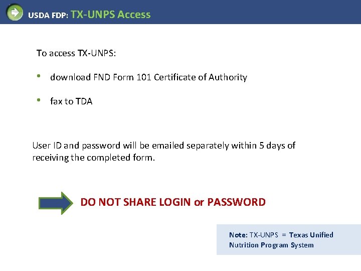 USDA FDP: TX-UNPS Access To access TX-UNPS: • download FND Form 101 Certificate of