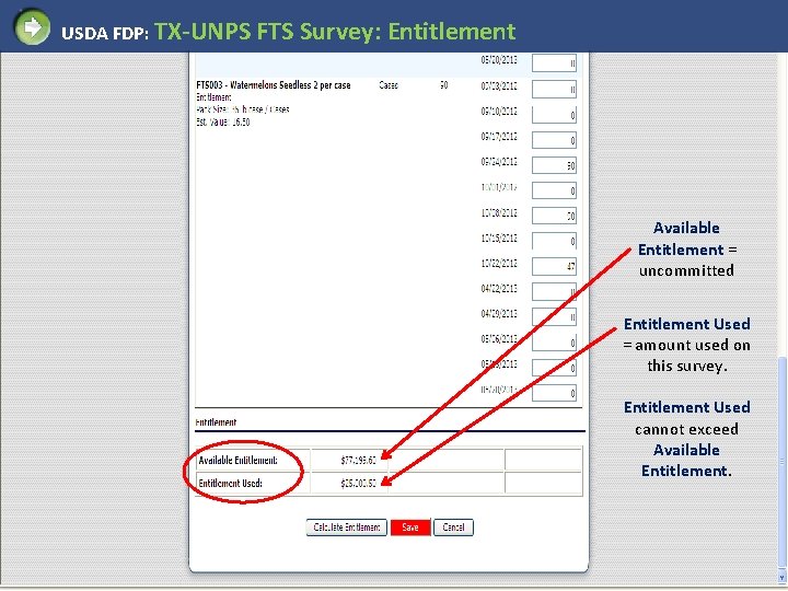 USDA FDP: TX-UNPS FTS Survey: Entitlement Available Entitlement = uncommitted Entitlement Used = amount