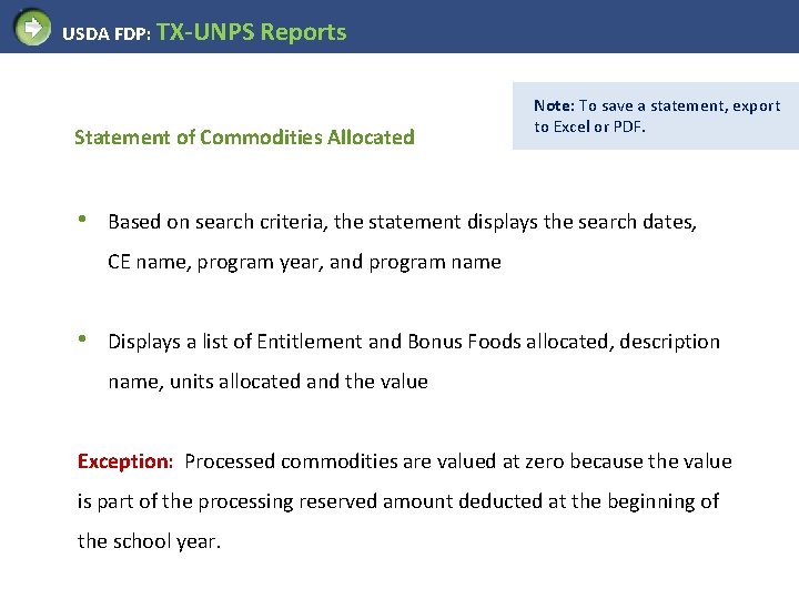 USDA FDP: TX-UNPS Reports Statement of Commodities Allocated • Note: To save a statement,
