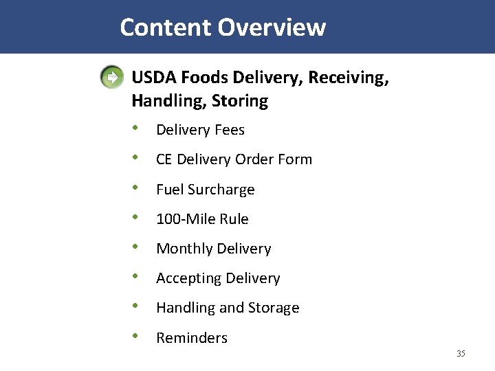  Content Overview USDA Foods Delivery, Receiving, Handling, Storing • • Delivery Fees CE