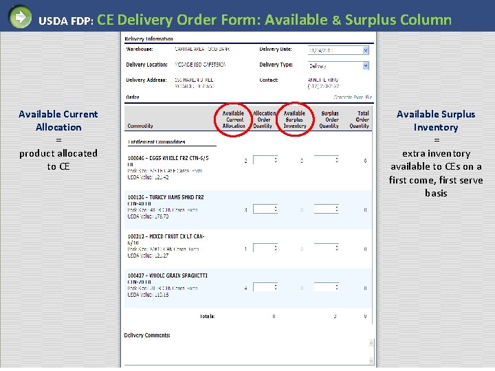 USDA FDP: CE Delivery Order Form: Available & Surplus Column Available Current Allocation =