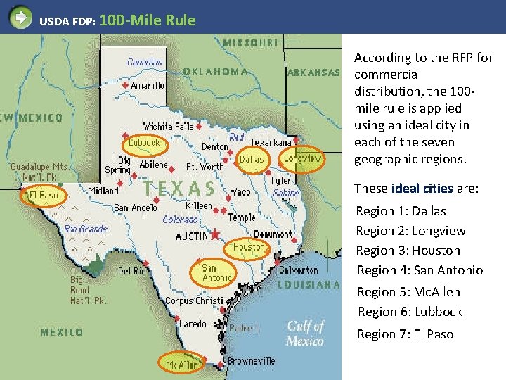 USDA FDP: 100 -Mile Rule According to the RFP for commercial distribution, the 100