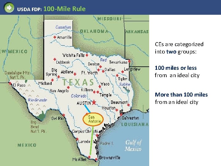 USDA FDP: 100 -Mile Rule CEs are categorized into two groups: 100 miles or