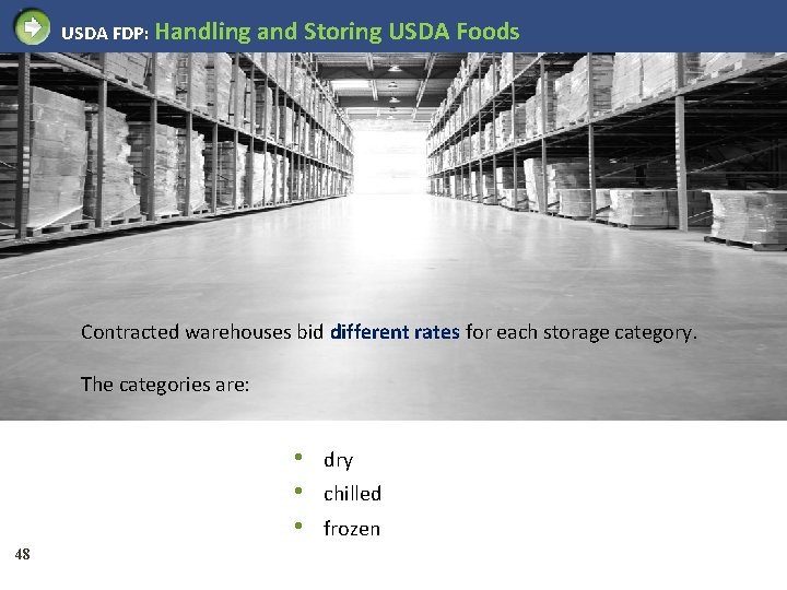 USDA FDP: Handling and Storing USDA Foods Contracted warehouses bid different rates for each