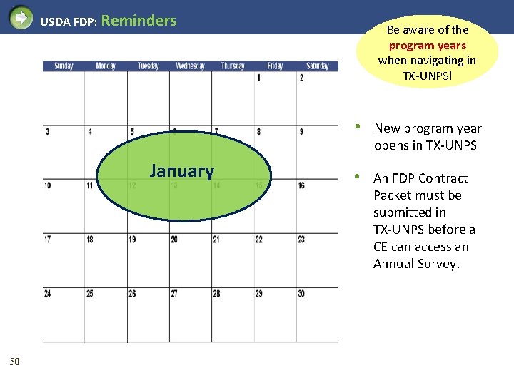 USDA FDP: Reminders January 50 Be aware of the program years when navigating in