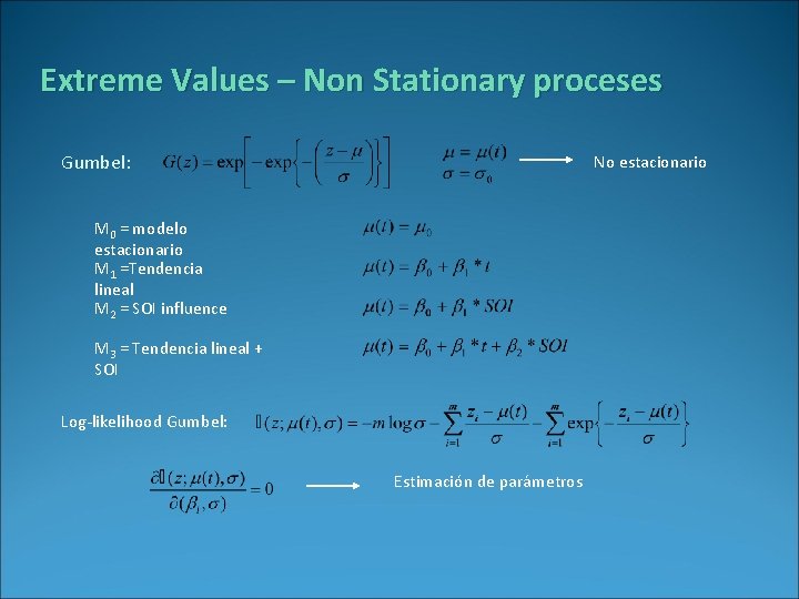 Extreme Values – Non Stationary proceses Gumbel: No estacionario M 0 = modelo estacionario