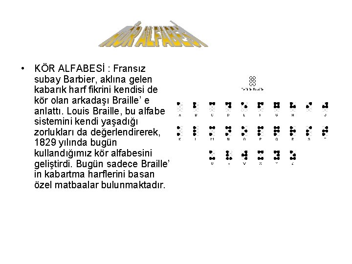  • KÖR ALFABESİ : Fransız subay Barbier, aklına gelen kabarık harf fikrini kendisi