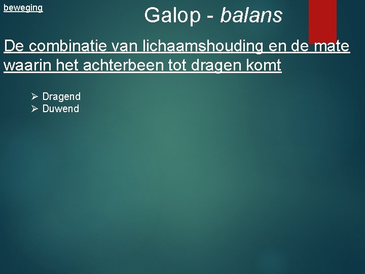 beweging Galop - balans De combinatie van lichaamshouding en de mate waarin het achterbeen