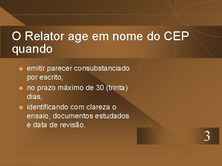 O Relator age em nome do CEP quando u u u emitir parecer consubstanciado