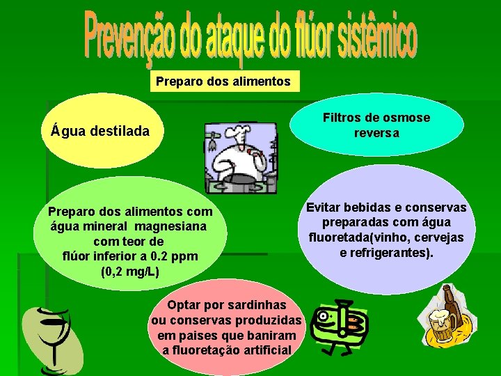 Preparo dos alimentos Filtros de osmose reversa Água destilada Preparo dos alimentos com água