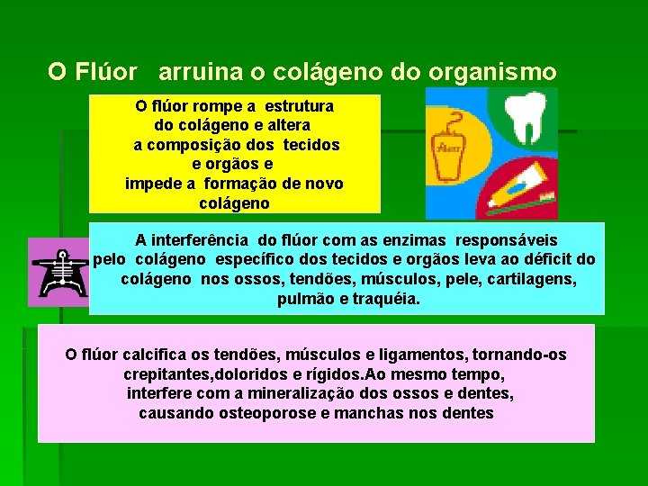 O Flúor arruina o colágeno do organismo O flúor rompe a estrutura do colágeno