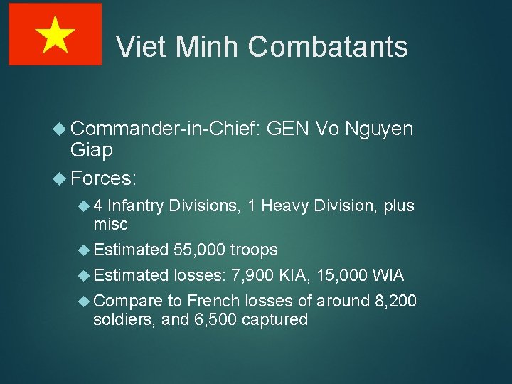 Viet Minh Combatants Commander-in-Chief: Giap Forces: 4 GEN Vo Nguyen Infantry Divisions, 1 Heavy