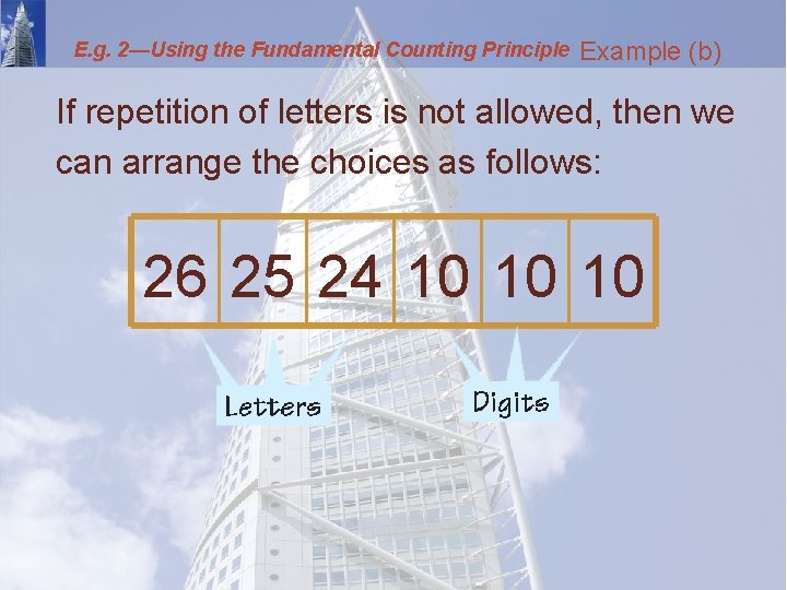 E. g. 2—Using the Fundamental Counting Principle Example (b) If repetition of letters is