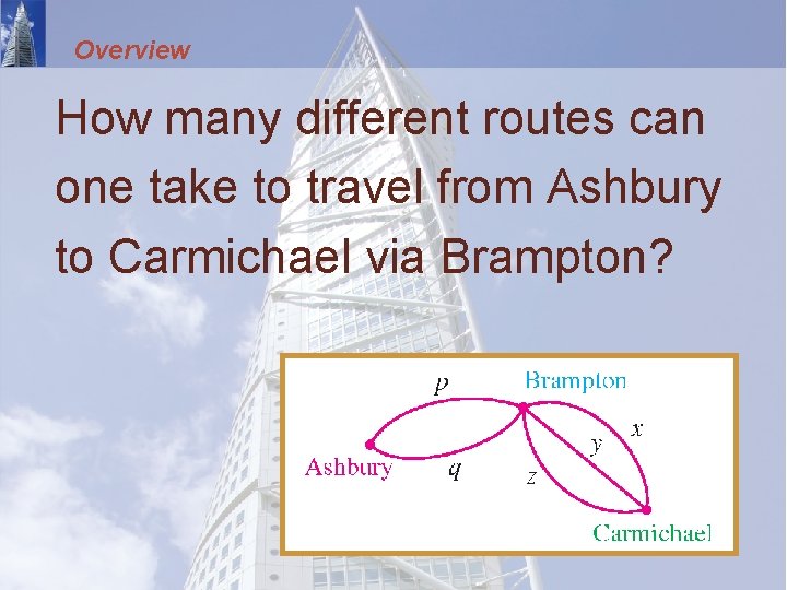 Overview How many different routes can one take to travel from Ashbury to Carmichael