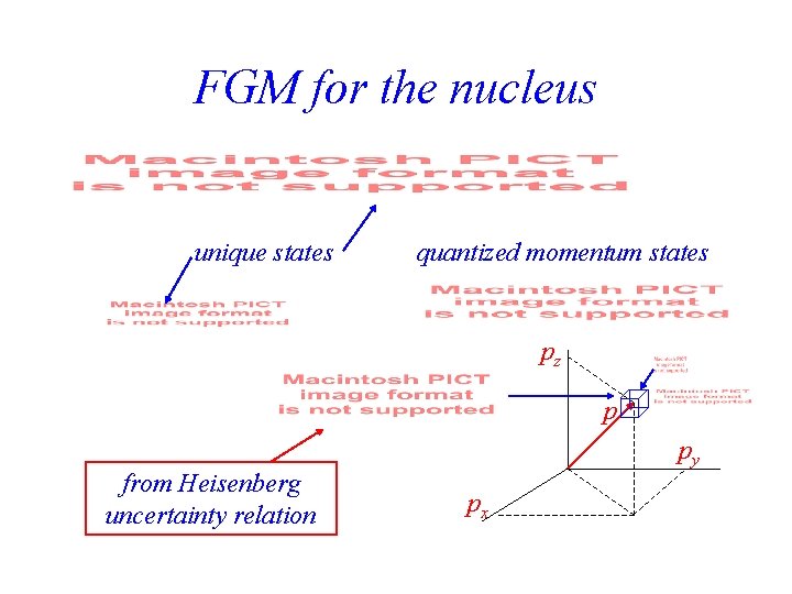 FGM for the nucleus unique states quantized momentum states pz p from Heisenberg uncertainty