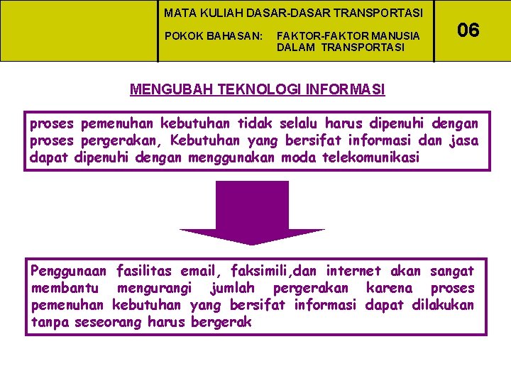 MATA KULIAH DASAR-DASAR TRANSPORTASI POKOK BAHASAN: FAKTOR-FAKTOR MANUSIA DALAM TRANSPORTASI 06 MENGUBAH TEKNOLOGI INFORMASI