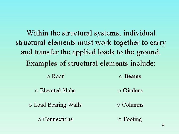 Within the structural systems, individual structural elements must work together to carry and transfer
