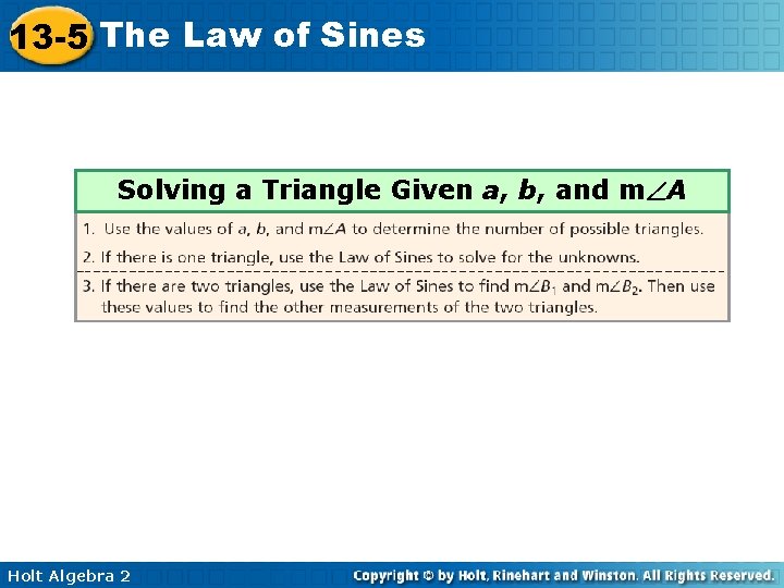 13 -5 The Law of Sines Solving a Triangle Given a, b, and m