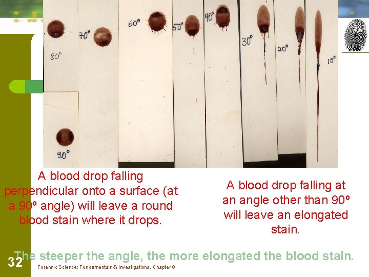 A blood drop falling perpendicular onto a surface (at a 90º angle) will leave