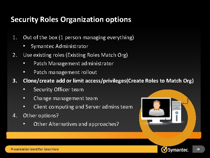 Security Roles Organization options 1. Out of the box (1 person managing everything) •