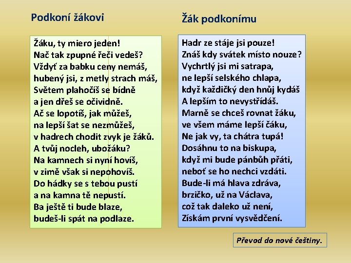 Podkoní žákovi Žák podkonímu Žáku, ty miero jeden! Nač tak zpupné řeči vedeš? Vždyť