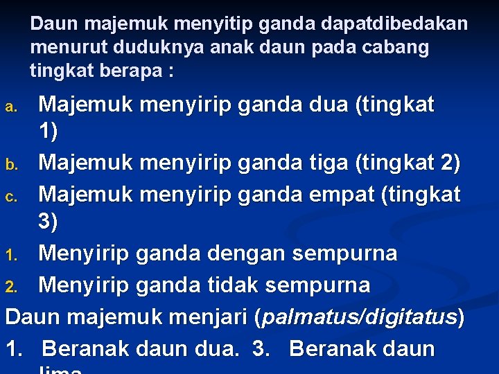 Daun majemuk menyitip ganda dapatdibedakan menurut duduknya anak daun pada cabang tingkat berapa :