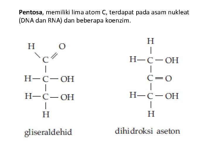 Pentosa, memiliki lima atom C, terdapat pada asam nukleat (DNA dan RNA) dan beberapa