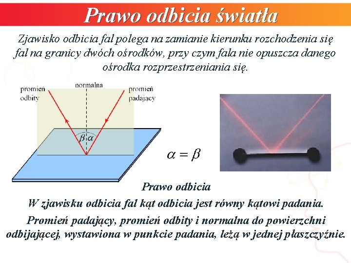 Prawo odbicia światła Zjawisko odbicia fal polega na zamianie kierunku rozchodzenia się fal na