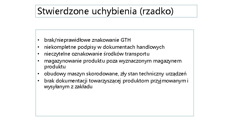 Stwierdzone uchybienia (rzadko) brak/nieprawidłowe znakowanie GTH niekompletne podpisy w dokumentach handlowych nieczytelne oznakowanie środków