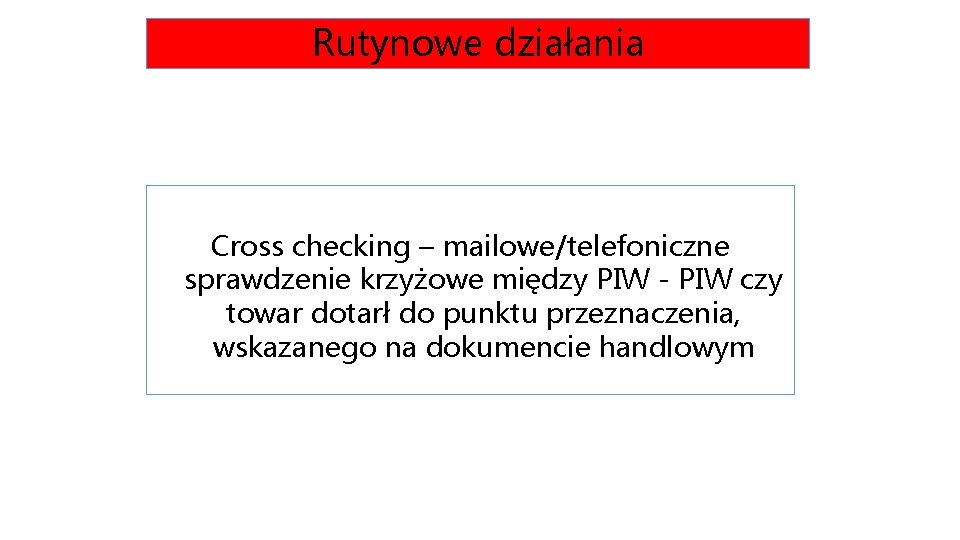 Rutynowe działania Cross checking – mailowe/telefoniczne sprawdzenie krzyżowe między PIW - PIW czy towar