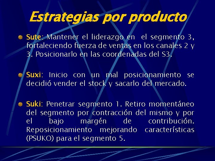 Estrategias por producto Sute: Mantener el liderazgo en el segmento 3, fortaleciendo fuerza de