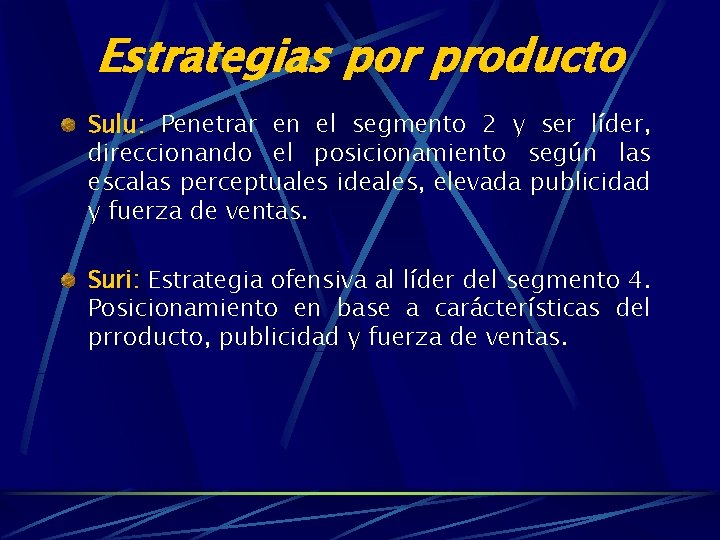 Estrategias por producto Sulu: Penetrar en el segmento 2 y ser líder, direccionando el