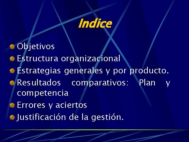 Indice Objetivos Estructura organizacional Estrategias generales y por producto. Resultados comparativos: Plan y competencia