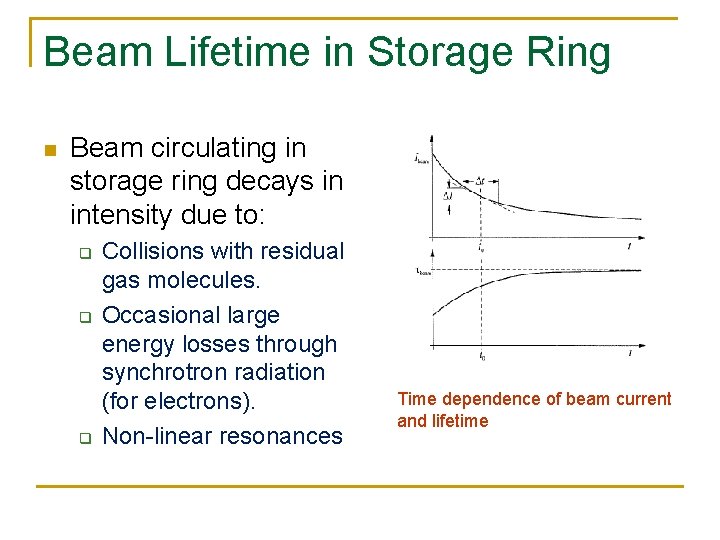 Beam Lifetime in Storage Ring n Beam circulating in storage ring decays in intensity