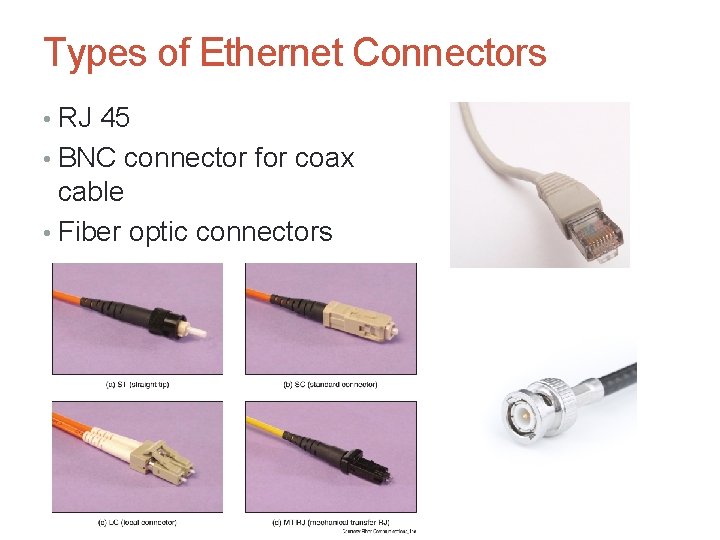 Types of Ethernet Connectors • RJ 45 • BNC connector for coax cable •