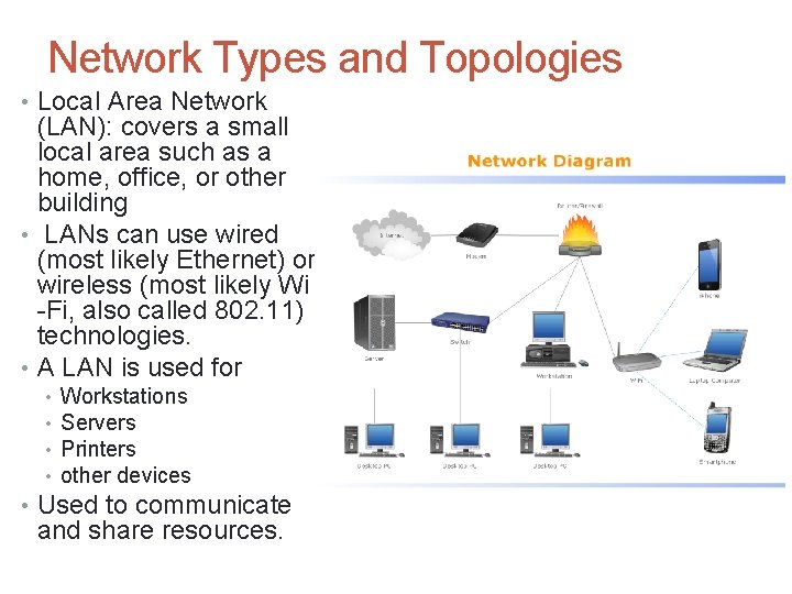 Network Types and Topologies • Local Area Network (LAN): covers a small local area