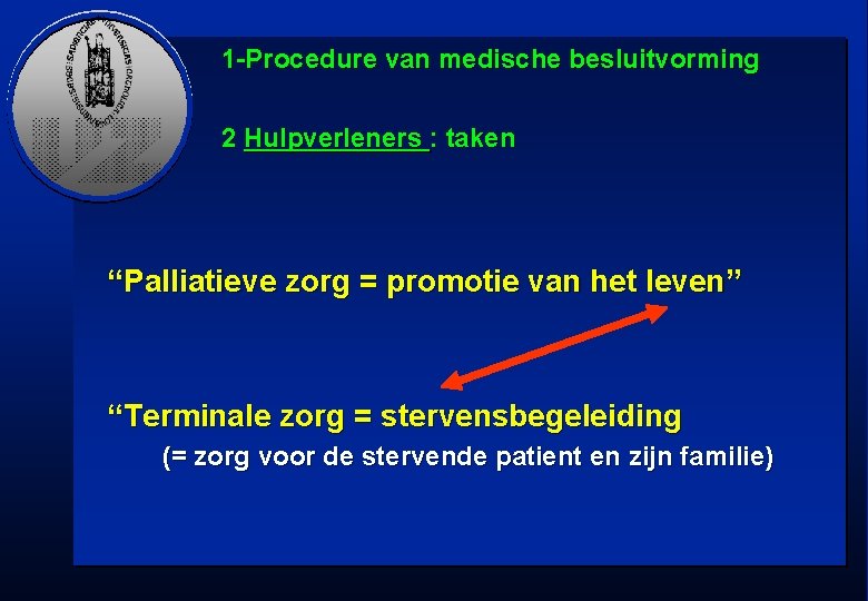 1 -Procedure van medische besluitvorming 2 Hulpverleners : taken “Palliatieve zorg = promotie van
