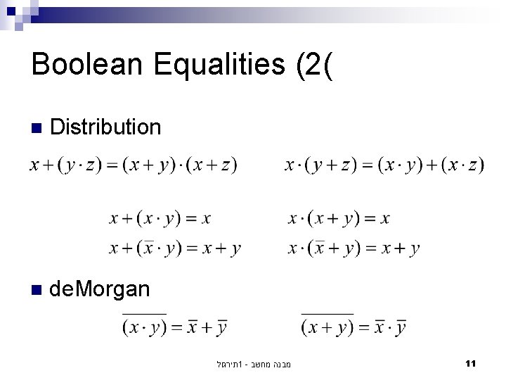 Boolean Equalities (2( n Distribution n de. Morgan תירגול 1 - מבנה מחשב 11