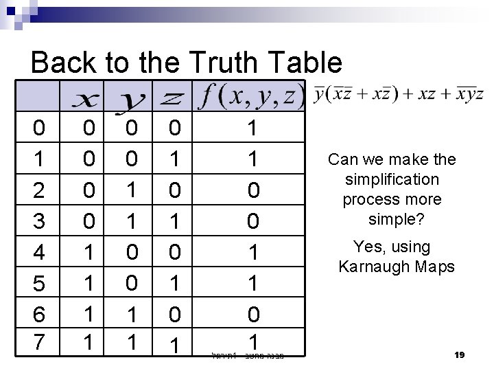 Back to the Truth Table 0 1 2 3 4 5 6 7 0