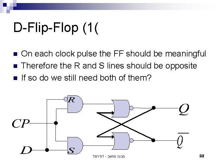 D-Flip-Flop (1( n n n On each clock pulse the FF should be meaningful