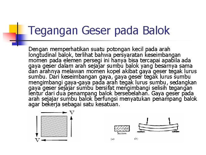 Tegangan Geser pada Balok Dengan memperhatikan suatu potongan kecil pada arah longtudinal balok, terlihat