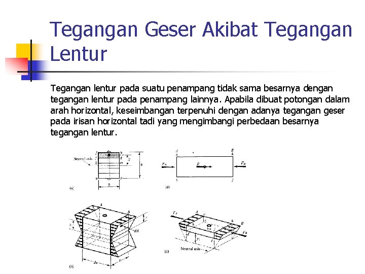 Tegangan Geser Akibat Tegangan Lentur Tegangan lentur pada suatu penampang tidak sama besarnya dengan