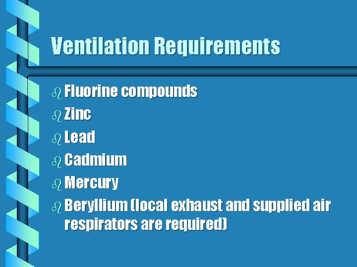 Ventilation Requirements b Fluorine compounds b Zinc b Lead b Cadmium b Mercury b