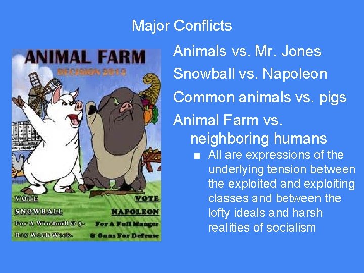 Major Conflicts Animals vs. Mr. Jones Snowball vs. Napoleon Common animals vs. pigs Animal