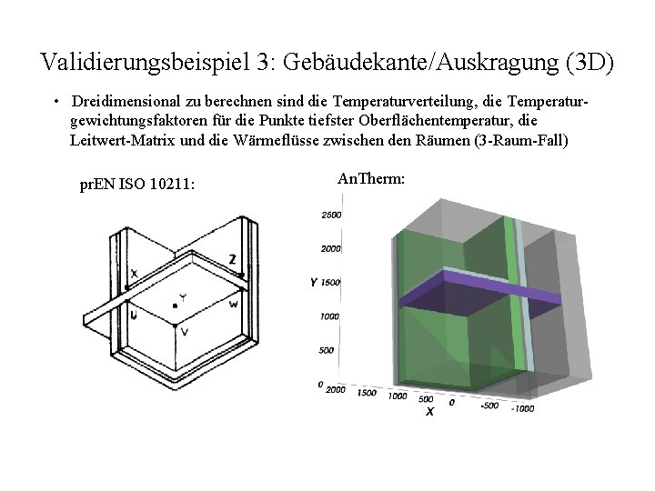 Validierungsbeispiel 3: Gebäudekante/Auskragung (3 D) • Dreidimensional zu berechnen sind die Temperaturverteilung, die Temperaturgewichtungsfaktoren