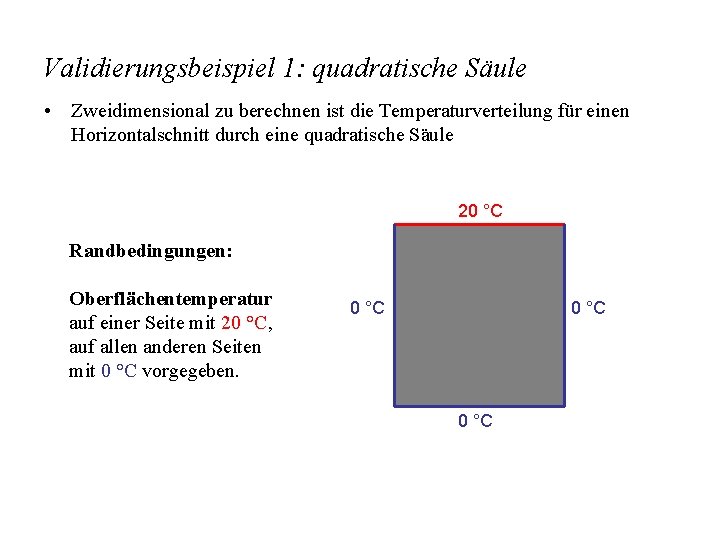 Validierungsbeispiel 1: quadratische Säule • Zweidimensional zu berechnen ist die Temperaturverteilung für einen Horizontalschnitt