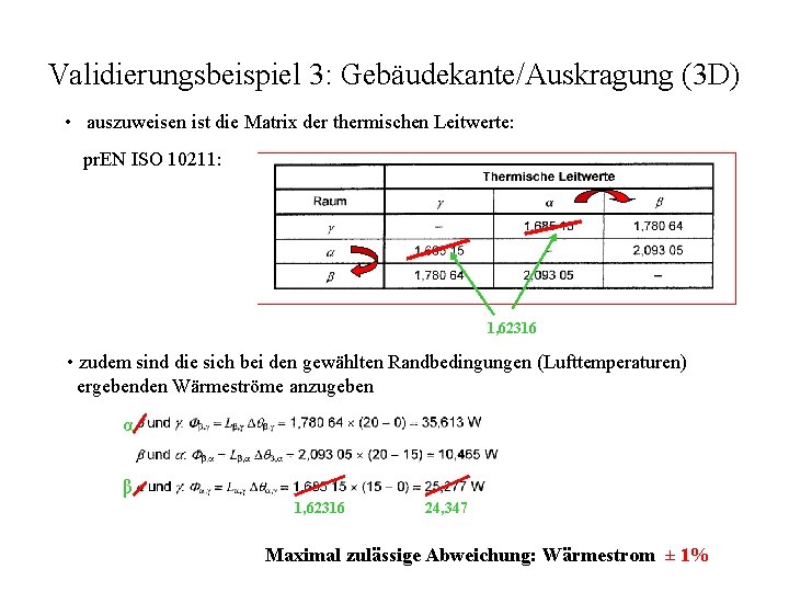 Validierungsbeispiel 3: Gebäudekante/Auskragung (3 D) • auszuweisen ist die Matrix der thermischen Leitwerte: pr.
